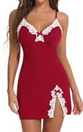 Pyjama femme rouge en dentelle blanche avec nœud, élégant et confortable pour détente