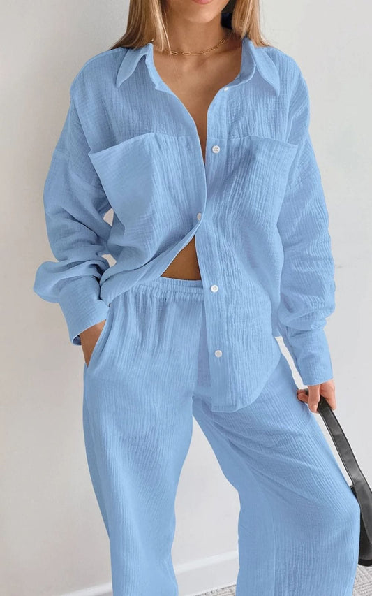 Ensemble de Pyjama Femme | en Gaze de Coton Bio  Bleu / S