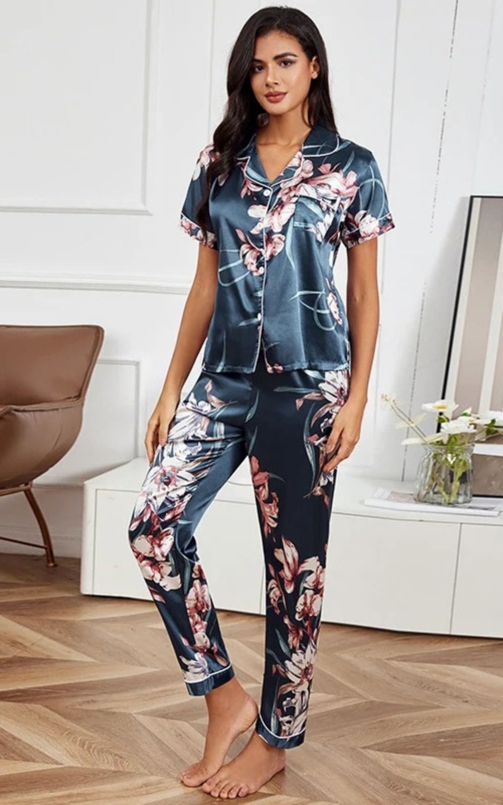 Pyjama | Satin de Soie pour Femme  Bleu nuit avec motifs de fleurs roses / S